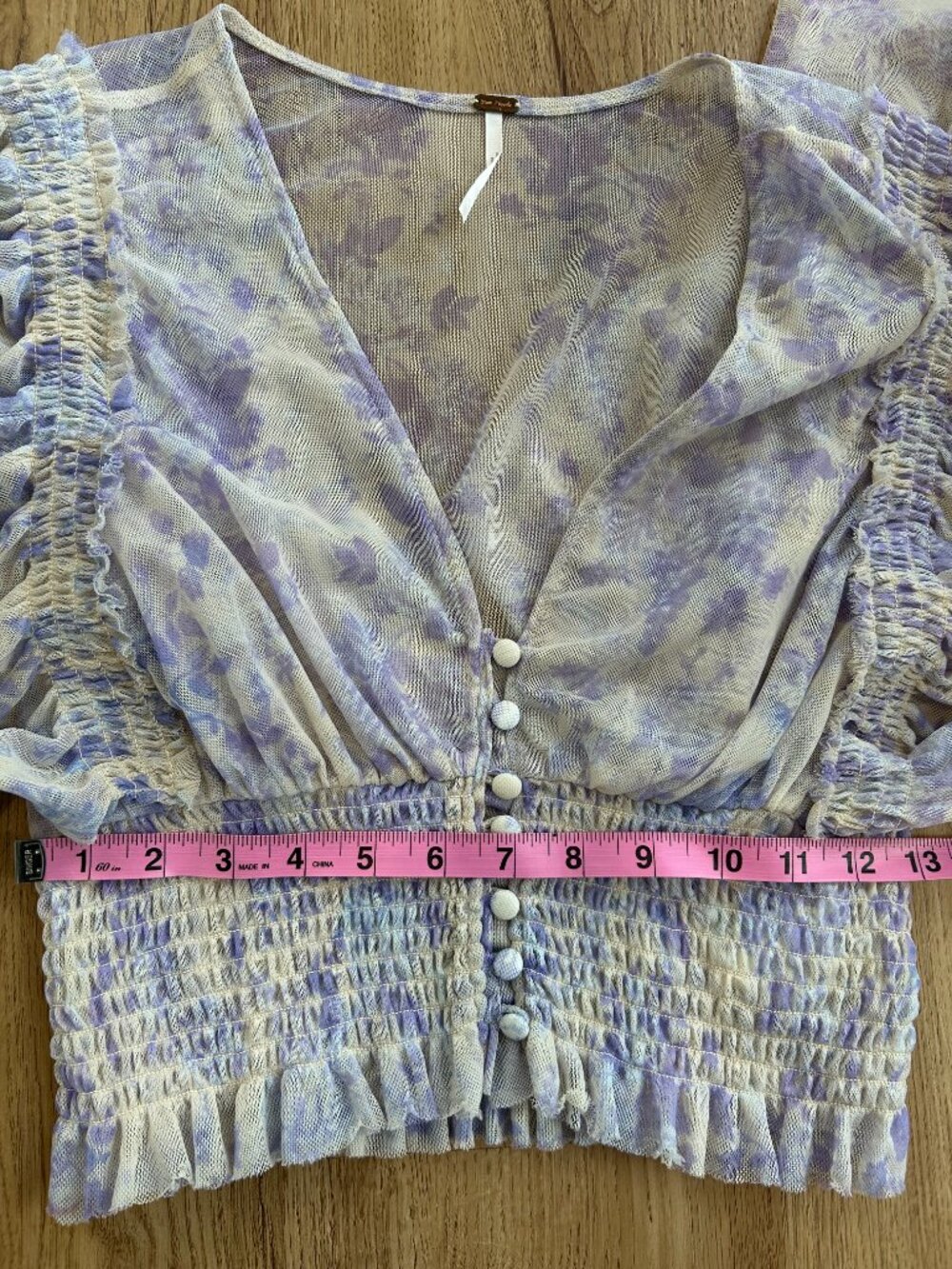 Free People Sugar Top Blue Floral Sheer Ruffle Crop Boho‎ Romantic Blouse M - Picture 9 of 9